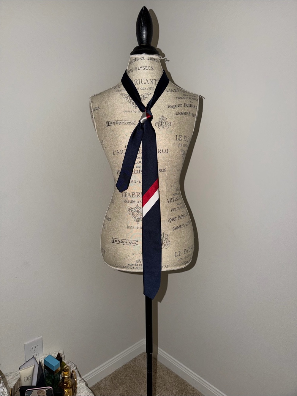 Navy Blue Tie with Red and White Stripe